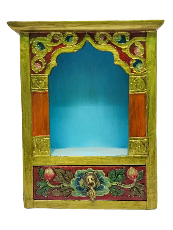 Autel tibétain en bois avec peintures traditionnelles colorées
