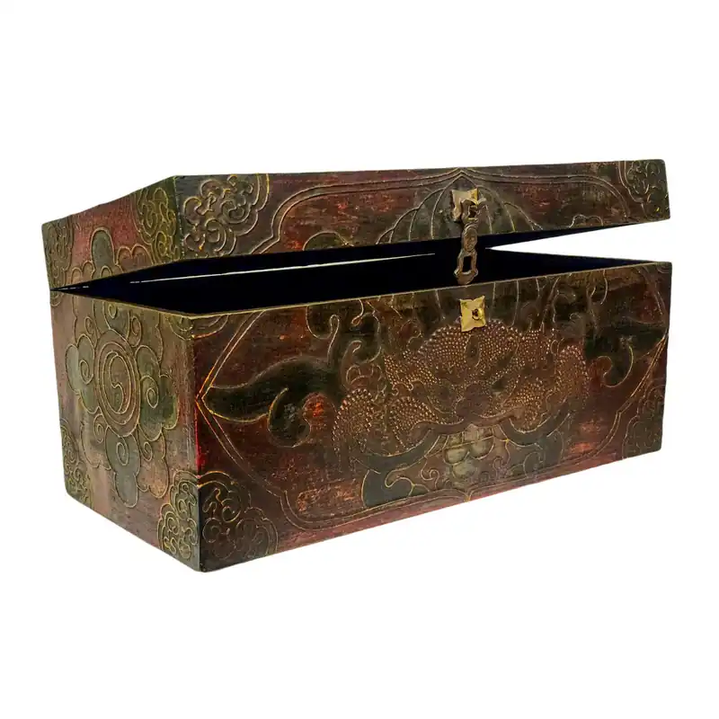 Boîte en bois tibétaine avec peinture traditionnelle en couleur