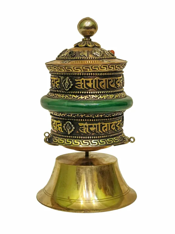 Moulin à prière en laiton pour table avec mantras ashtamangala