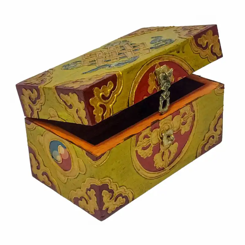 Boîte rituelle tibétaine en bois – Rangement artisanal