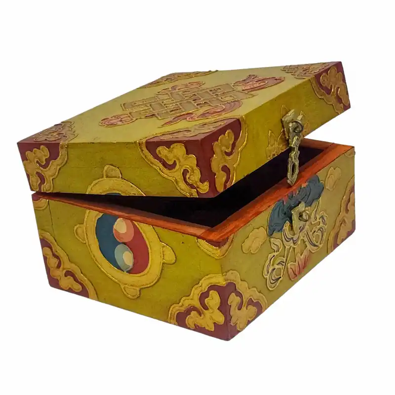 Boîte rituelle en bois tibétain, artisanale 9cm