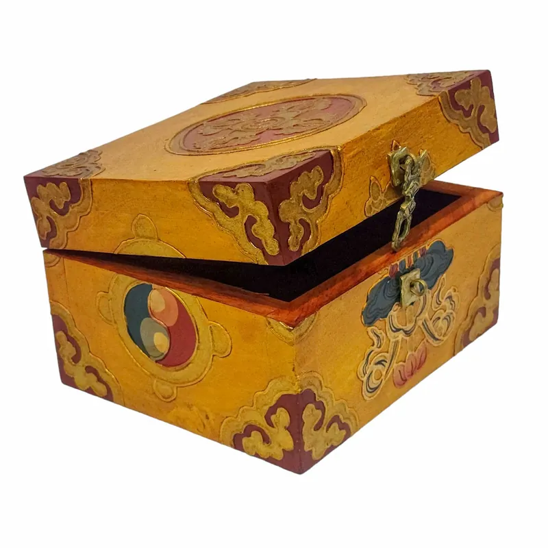 Boîte en bois rituelle tibétaine pour le stockage sacré