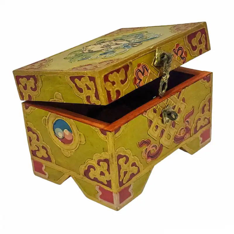 Boîte rituelle en bois tibétaine pour praticiens