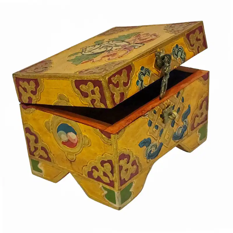 Boîte de stockage rituelle tibétaine en bois fait main