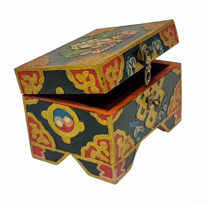 Boîte en bois tibétaine traditionnelle pour objets sacrés