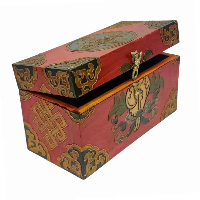 Boîte en bois tibétaine pour objets sacrés