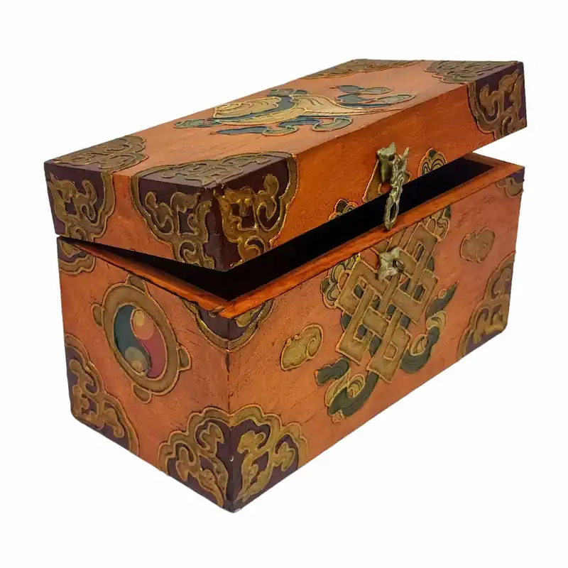 Boîte en bois tibétaine pour trésors rituels