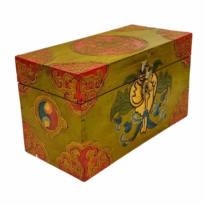 Boîte en bois rituelle tibétaine pour objets sacrés