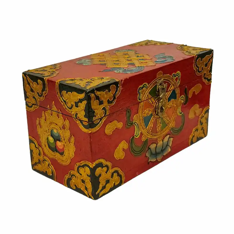 Boîte en bois rituelle tibétaine pour objets sacrés