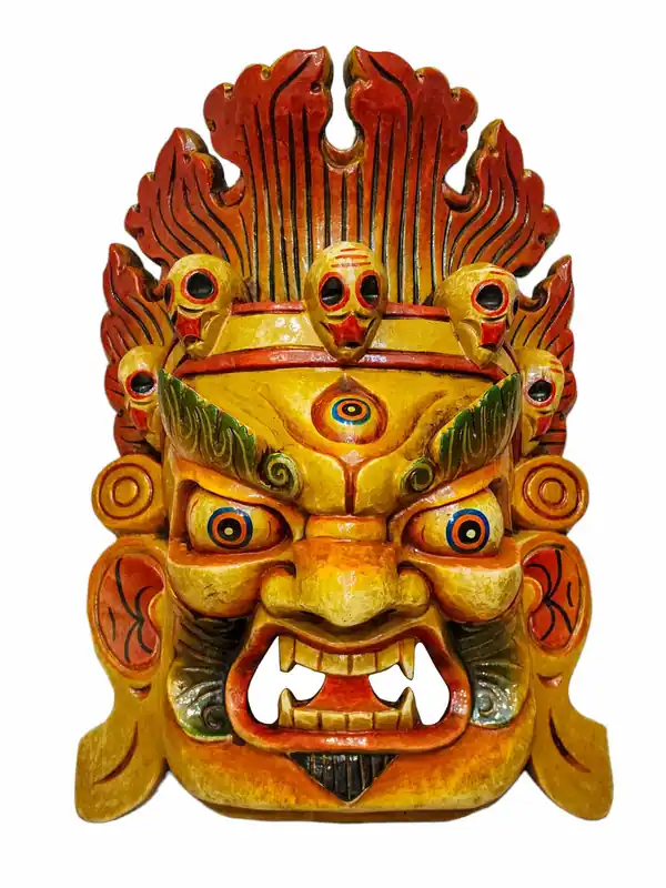 Masque en bois de Bhairava de feu, suspension murale
