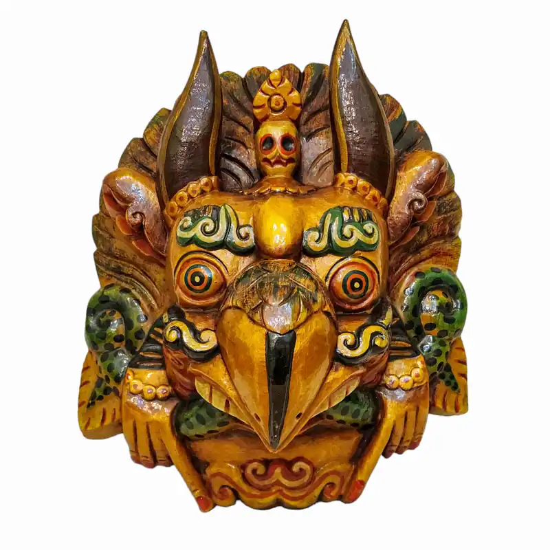 Masque mural Garuda en bois de peuplier peint