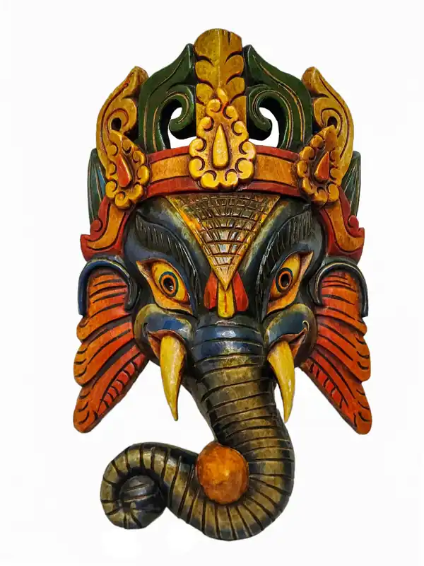 Masque en bois de Ganesh en peuplier, suspendu au mur