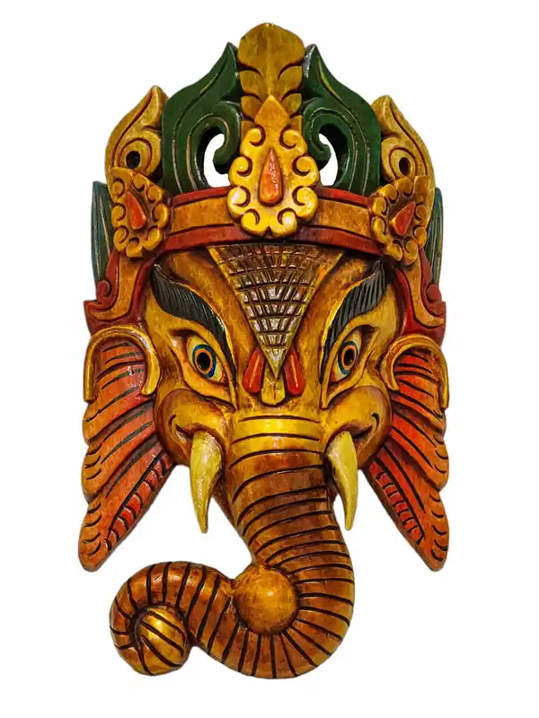 Masque de Ganesh en bois de peuplier sur panneau mural