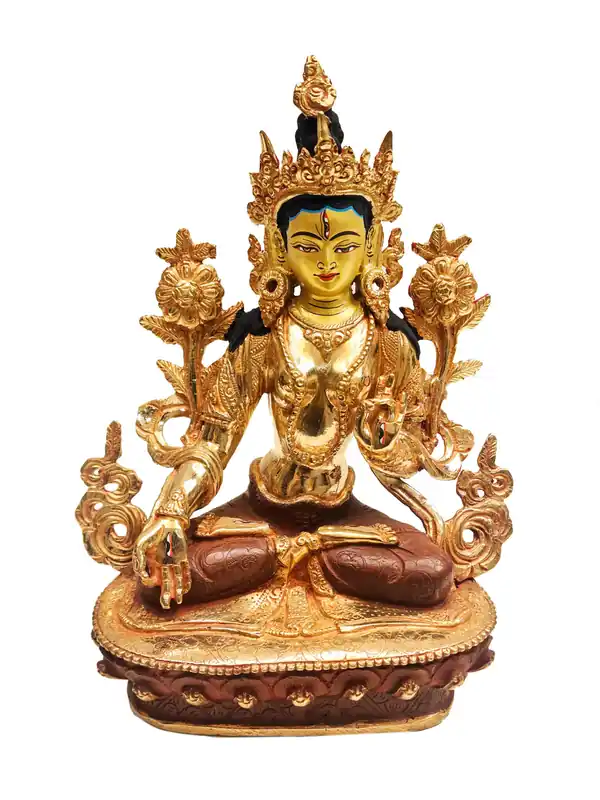Statue bouddhique de Tara blanche – Cuivre avec plaquage en or, 22 cm de guérison et de compassion