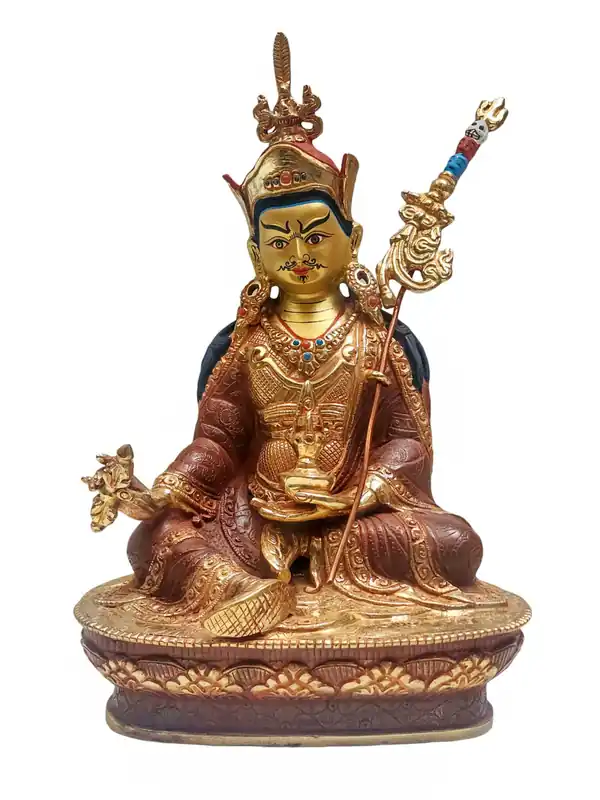 Statue en cuivre de Padmasambhava – Partiellement dorée, visage peint, incarnant la sagesse intemporelle