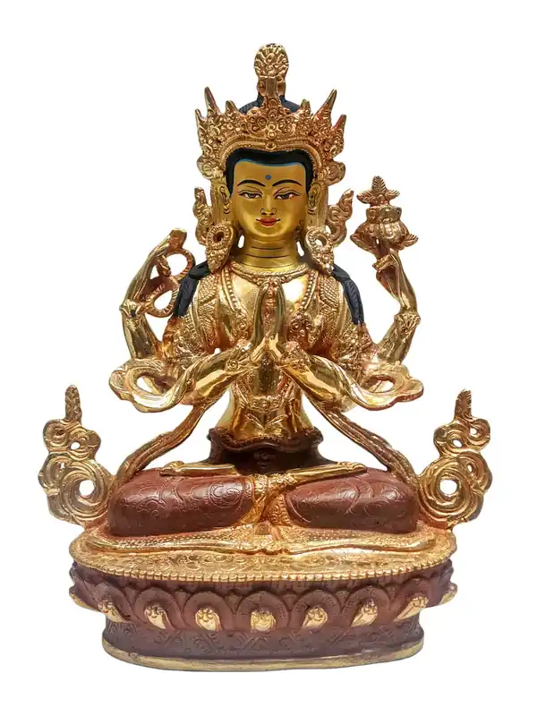 Statue de Chenrezig Faite à la Main – Cuivre, Partiellement Plaqué Or, Émanant la Compassion