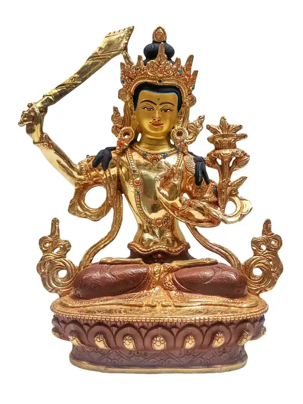 Statue bouddhiste de Manjushri en cuivre – Plaquée or, symbole de l’illumination