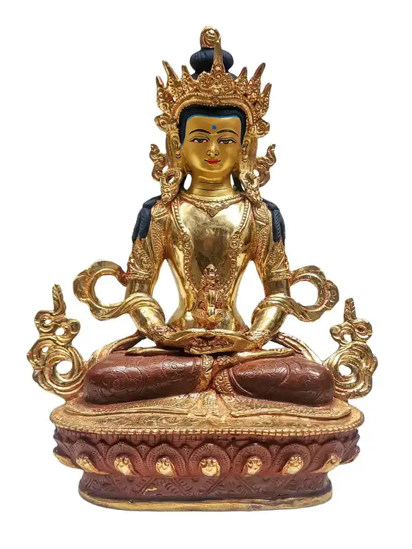 Statue bouddhiste Aparimita – Représentation en cuivre et dorée de la Longévité et de la Sagesse