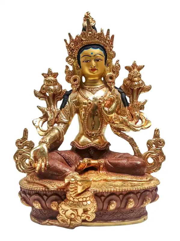 Statue en cuivre de Tara Verte – Déesse de la Compassion Partiellement Dorée