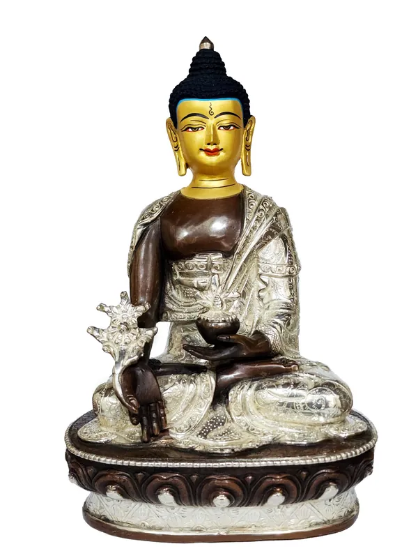 Statue en cuivre du Bouddha de la Médecine – Finition argentée et chocolat