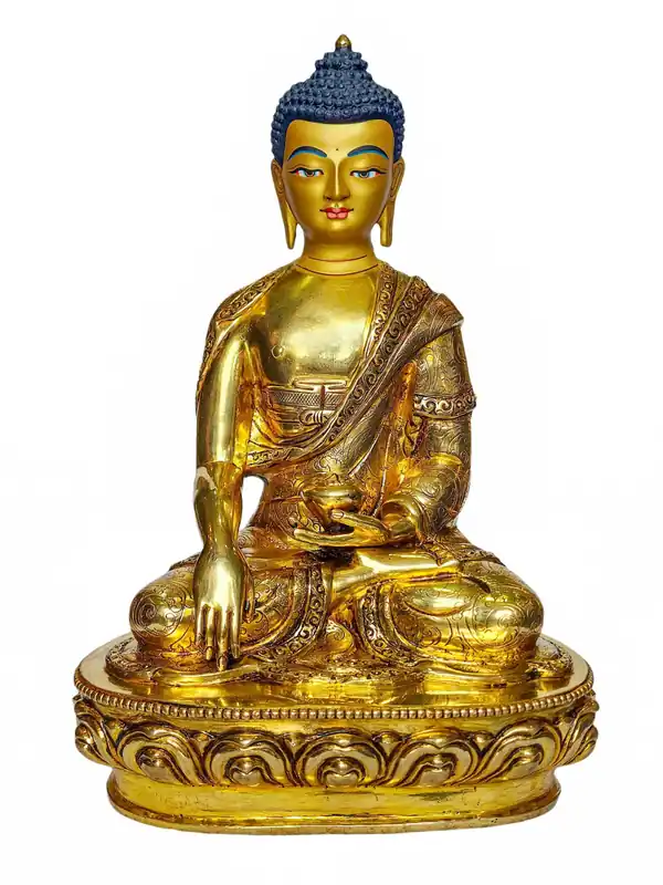 Statue en cuivre de Shakyamuni Bouddha – Finition plaquée or, 22 cm, fabriquée à la main