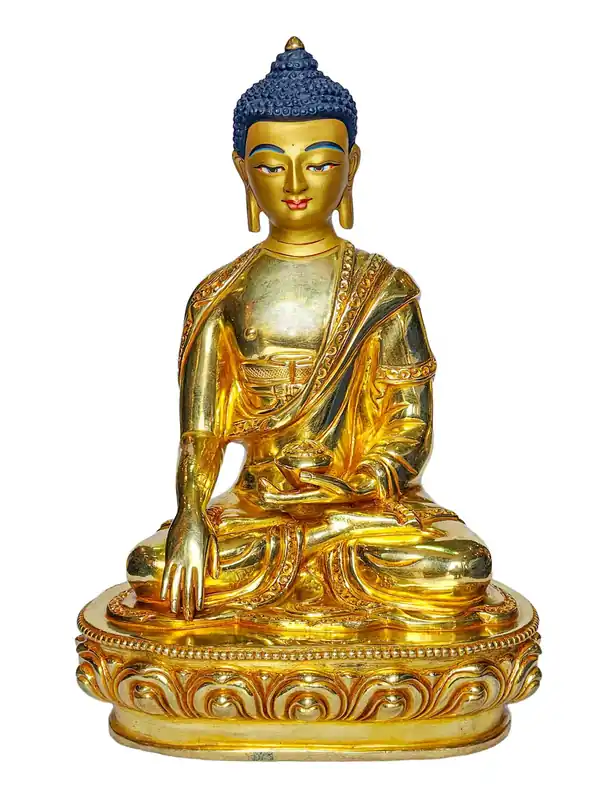 Statue en cuivre de Shakyamuni Bouddha – Fabriquée à la main, dorée et peinte avec des détails sur le visage