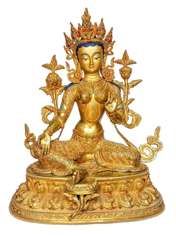 Statue en cuivre de Tara verte faite à la main avec plaquage d’or