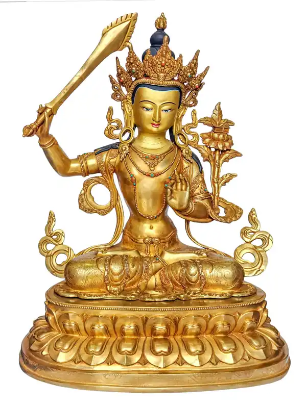 Statuette de Manjushri Éblouissante – Cuivre, Plaqué Or, Peinture Faciale Intricate, 47 cm