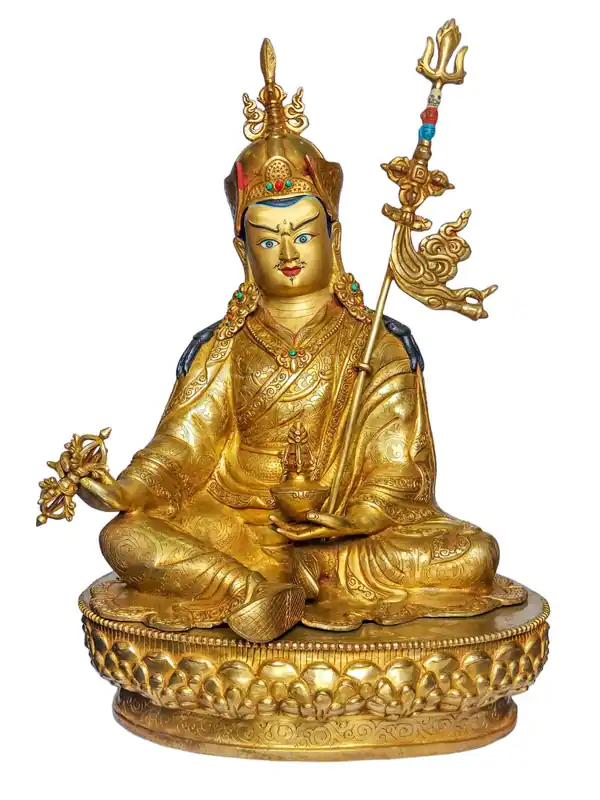 Statue en cuivre de Padmasambhava – Peinte sur le visage et dorée