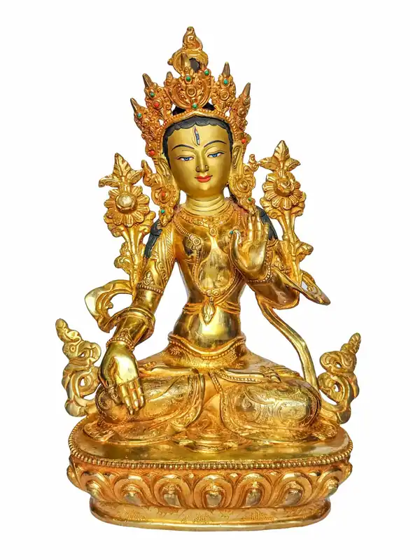 Statue de la Tara blanche en cuivre avec des finitions dorées