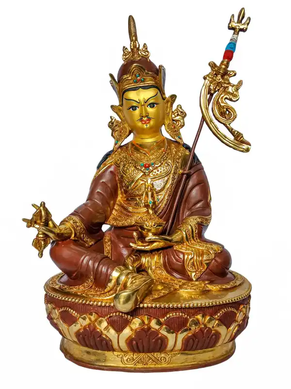 Statue sacrée de Padmasambhava – Cuivre, visage peint, plaqué or, finition oxydée chocolat