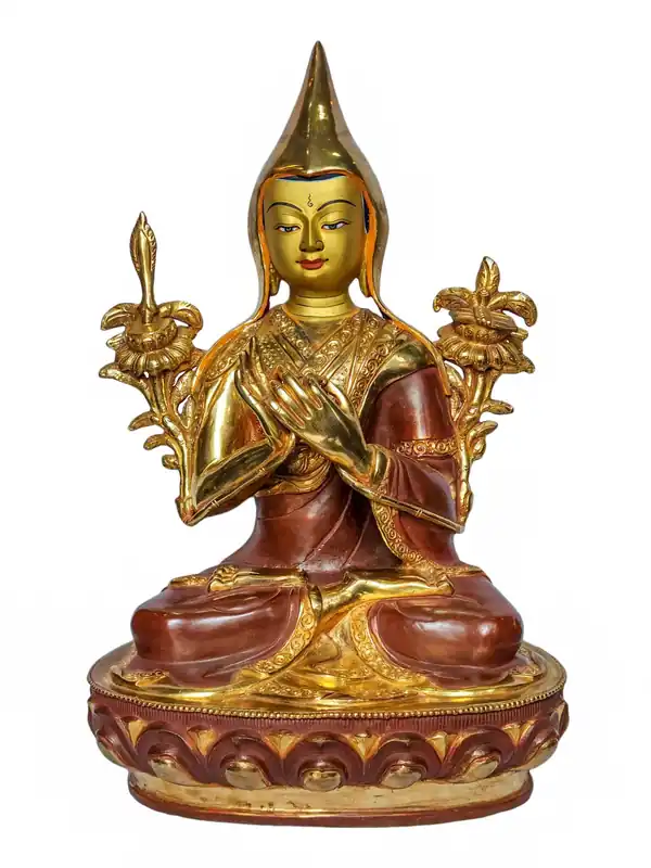 Statue en cuivre de Tsongkhapa – Artisanale avec finition plaquée or et oxydée chocolat