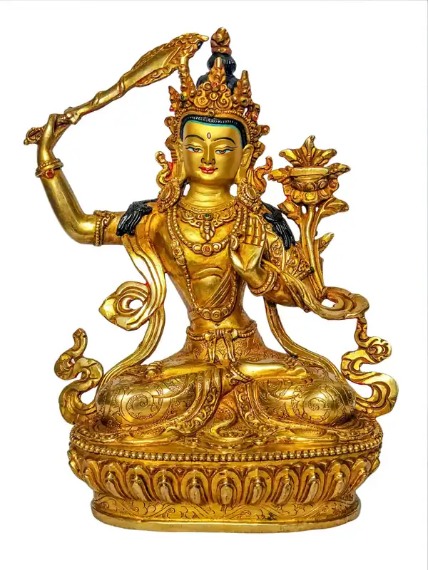 Statue en cuivre de Manjushri – Visage peint et plaqué or 22 cm