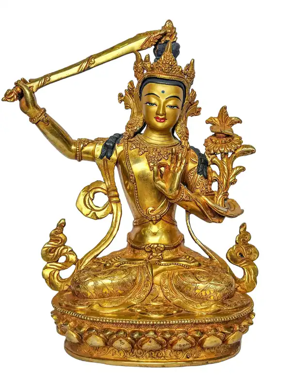 Statue en cuivre de Manjushri avec plaquage d’or