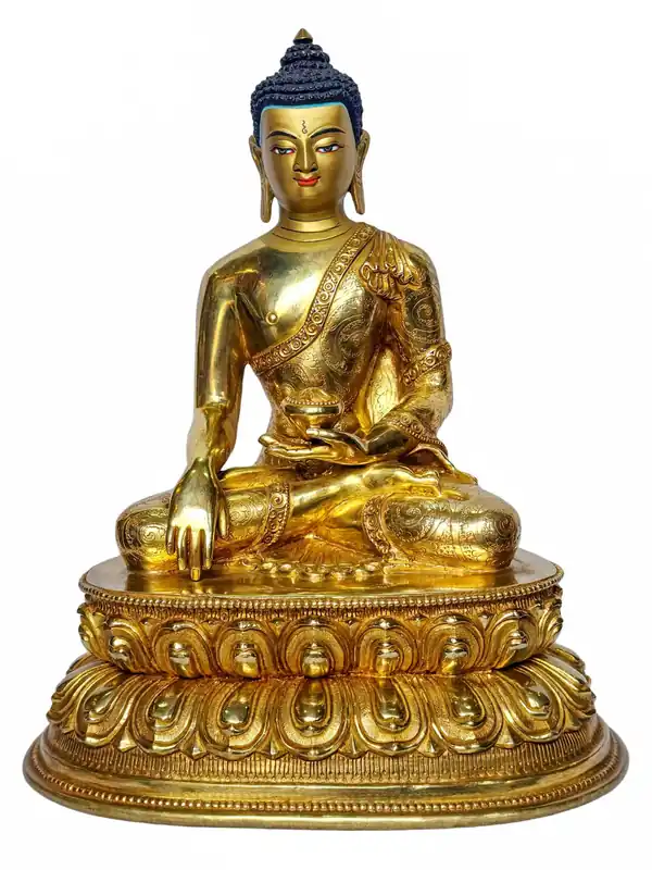 Statue en cuivre de Shakyamuni Bouddha – Plaquée en or et peinte de manière complexe
