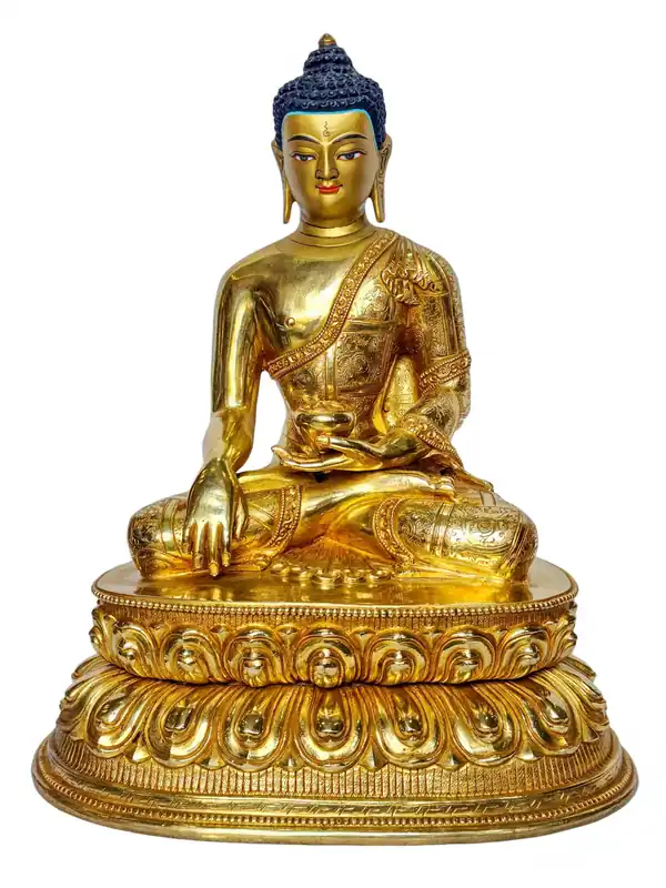 Statue radiance de Shakyamuni Bouddha – Cuivre façonné à la main, visage peint et doré