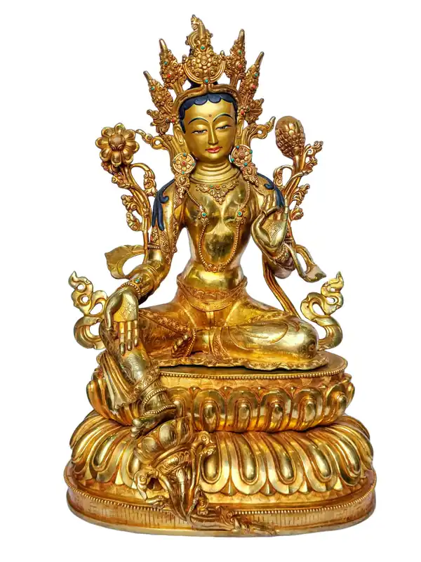 Statue de Tara Verte en Cuivre – Déesse de la Compassion, 50 cm, Fabriquée à la Main avec Finition Dorée