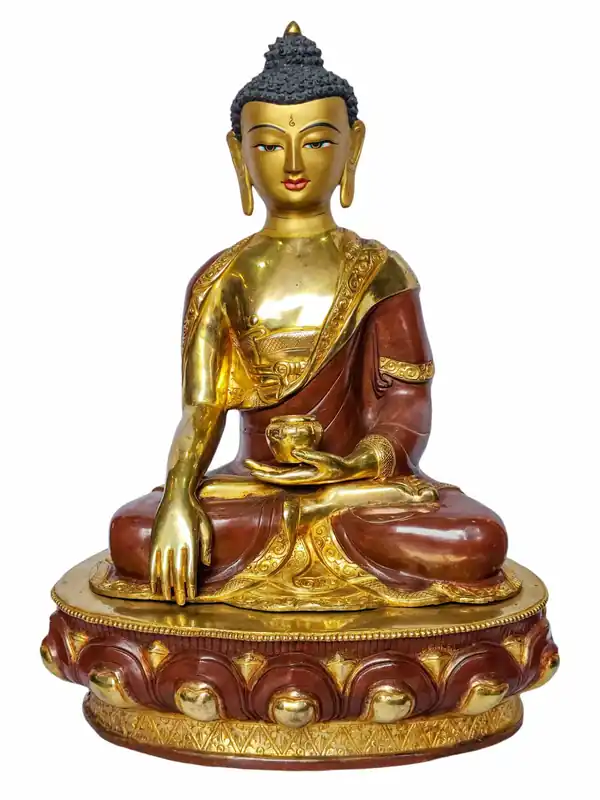 Statue en cuivre de Shakyamuni Bouddha – Finition dorée et oxydée chocolat