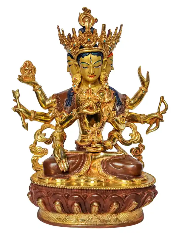 Statue en cuivre de Namgyalma – Déesse de la Victoire et de la Longévité, visage peint avec des accents dorés