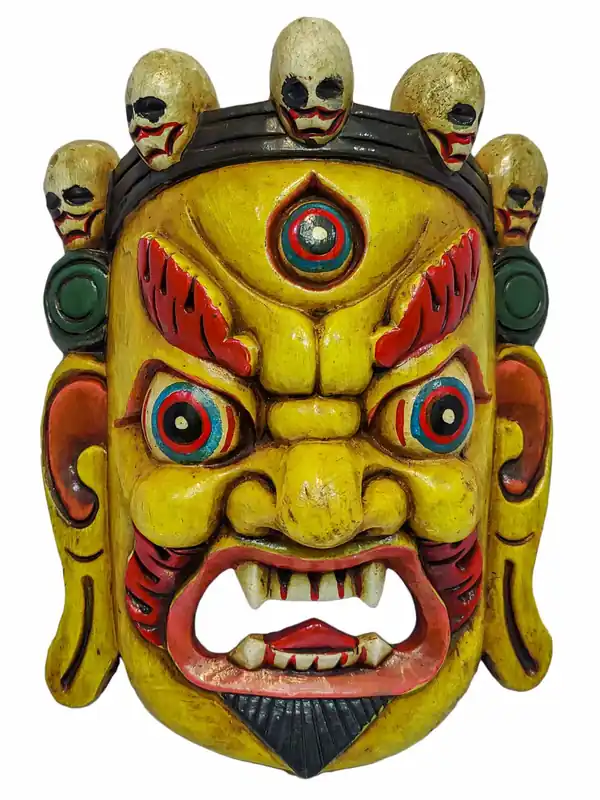 Masque en bois de Mahakala – Tenture murale en peuplier jaune