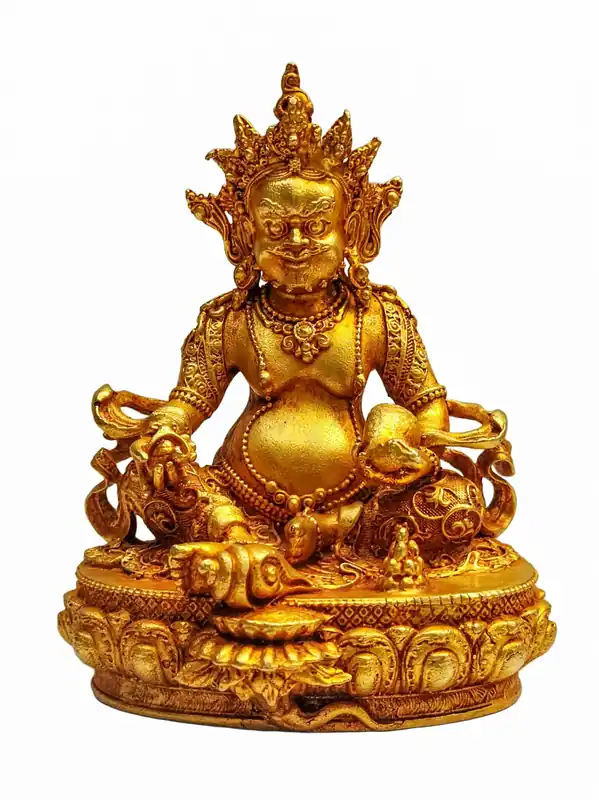 Statue Miniature en Cuivre de Jambhala Jaune – Une Émanation dorée de Générosité et d’Abondance