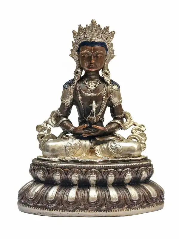 Statue miniature d’Aparimita du Bouddha – Cuivre, Longévité et Sagesse