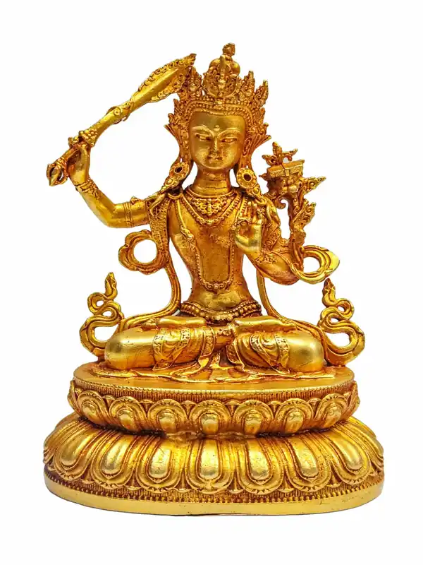Statue miniature en cuivre doré représentant Manjushree – Équilibre de la sagesse