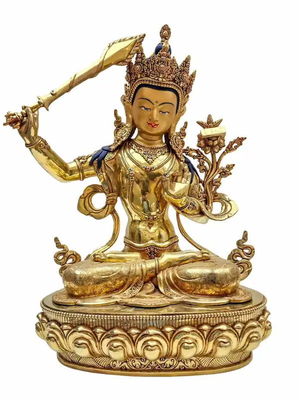 Statue de Manjushri en cuivre et dorure – Embodiment de la Sagesse