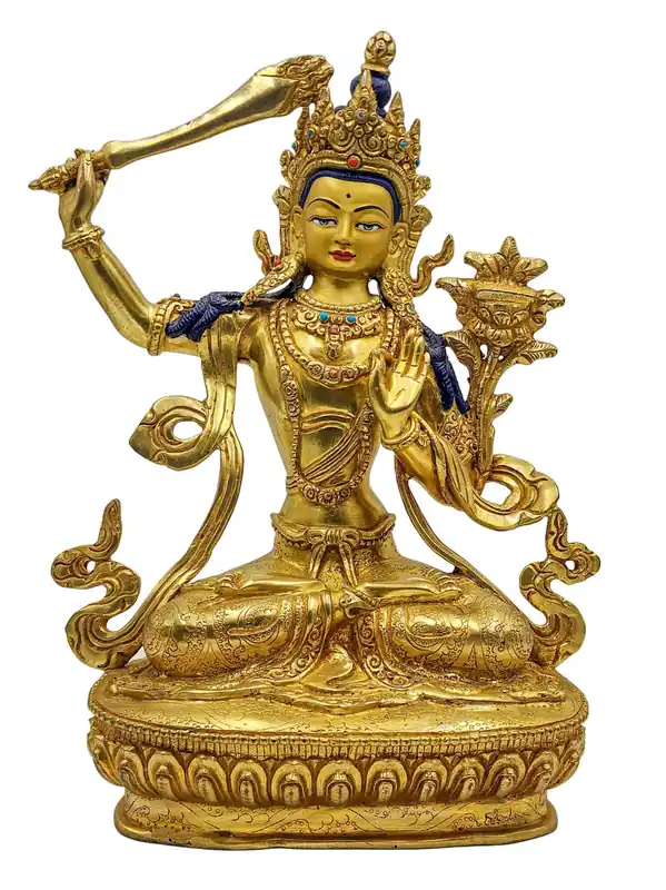 Statue de Manjushree en cuivre façonnée à la main – Visage peint avec un plaquage d’or
