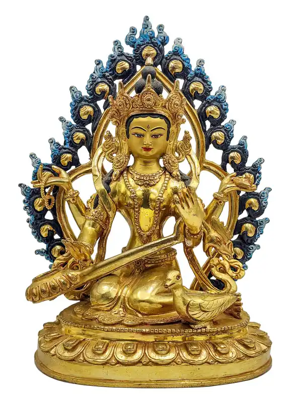 Statue en cuivre de Saraswati – Déesse de la sagesse, de la musique et de l’art – Inspirant la créativité