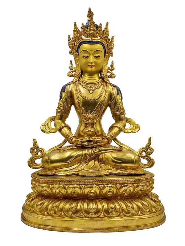 Statue d’Aparimita Bouddha – Finition en cuivre plaquée or