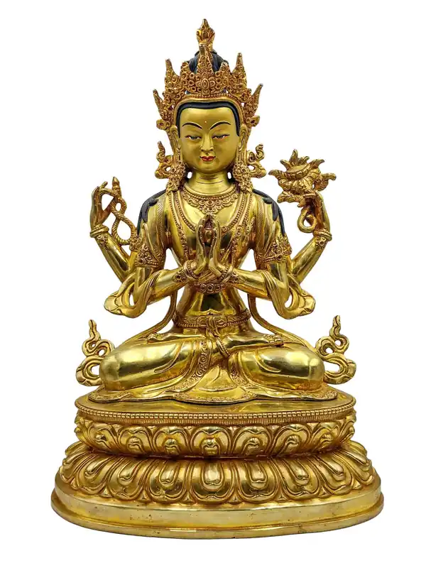 Statue en cuivre de Chenrezig, la Compassion, avec dorure
