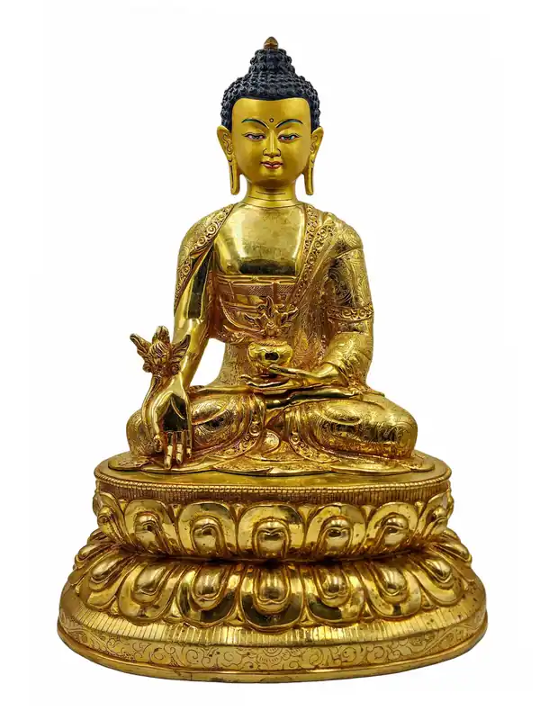 Statue du Bouddha Médecine faite à la main – Cuivre, visage peint et doré, 35 cm