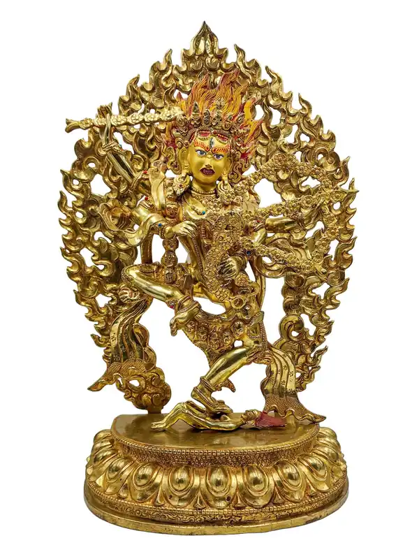 Statue en cuivre de Kurukulla – Déesse de l’amour et de la passion, visage peint et doré